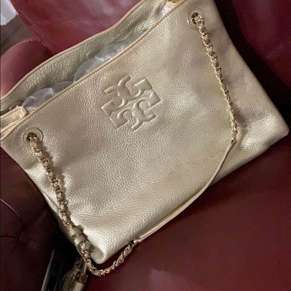 Gold Metallic Tory Burch gently loved Purse